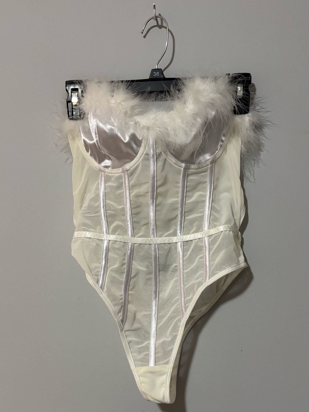 12th Tribe Ivory Sheer Feather-Trim Bodysuit